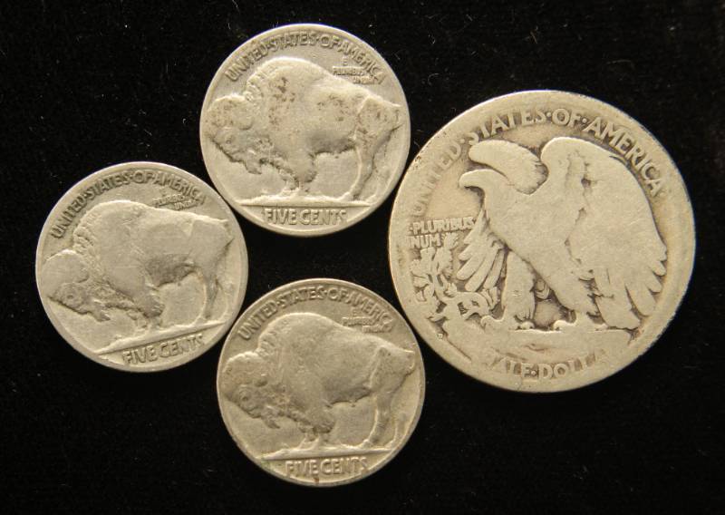 4 COINS 1918-D WALKING LIBERTY 1929 1937 1937 BUFFALO NICKELS