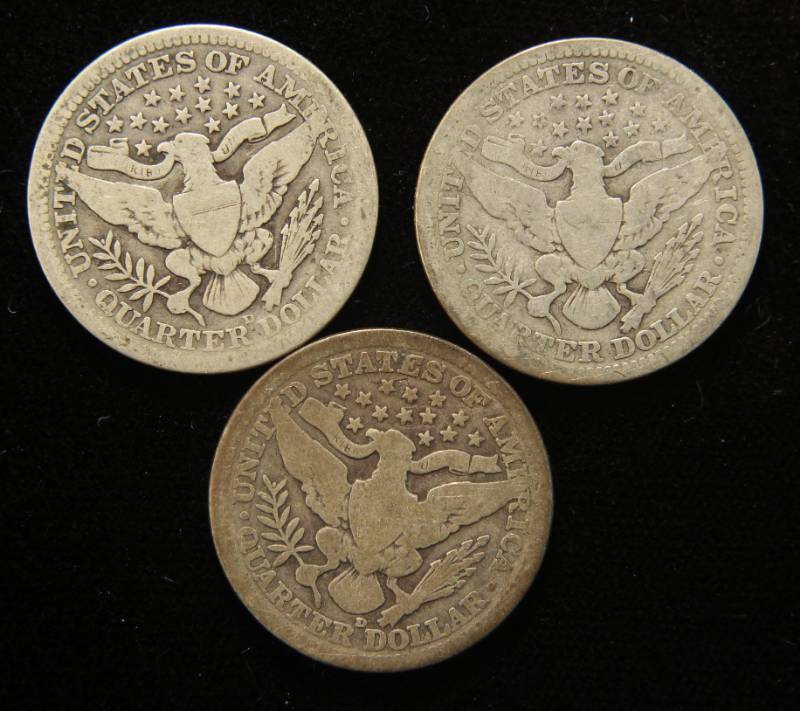 3 BARBER QUARTERS 1913-D 1914 1915-D