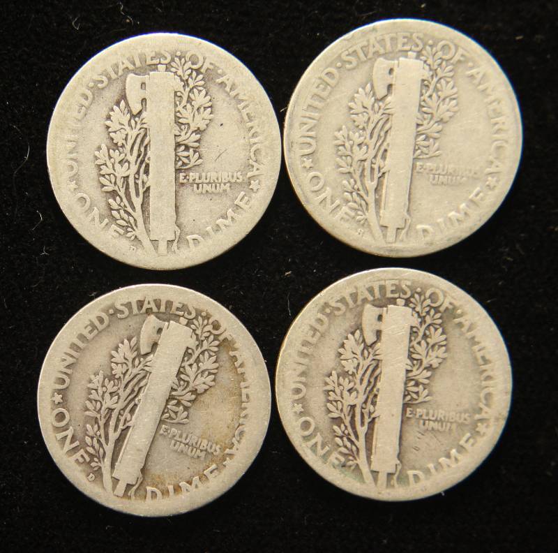 4 EARLY DATE MERCURY DIMES 1918 1918-D 1918-S 1919-D