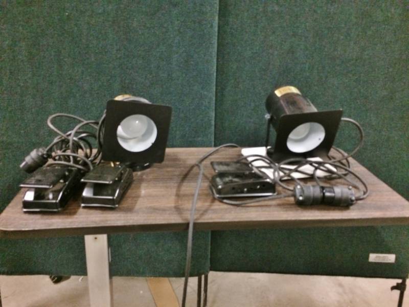 lot 21 image: Lot of 2&nbspInfab Corp Portable Luminaire ll102143 X-ray Lab Imaging Diagnostic Exam Light With Step On  Bar Ray Spot Light With Foot Control Switch - Sewing Machine Push Pedal Or Constant Lamp - Super Condition - Great For Mechanics or Crafters