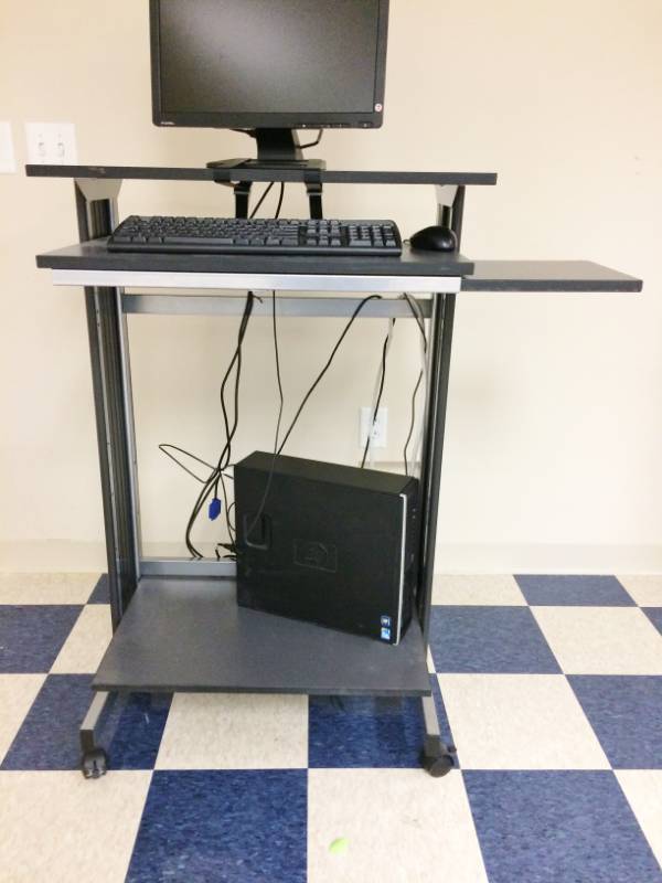 lot 2 image: Heavy Duty Mobile Computer Workstation  Standing Desk with Keyboard & Mouse Tray - Excellent Condition Electronics not included