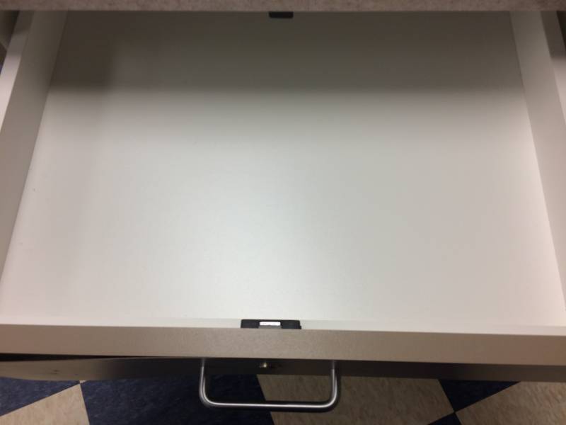 lot 5 image: Mobile Heavy Duty Large Laminate Top 1 Drawer 1 Door Cabinet - Great Condition - Bottom Shelf & Wheels need to be reattached