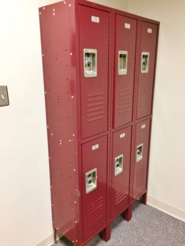 lot 53 image: Lot of 3 High Quality ASI Solutions 2 Tier Really Red Storage Classroom Lockers - Excellent Condition (6 actual lockers)