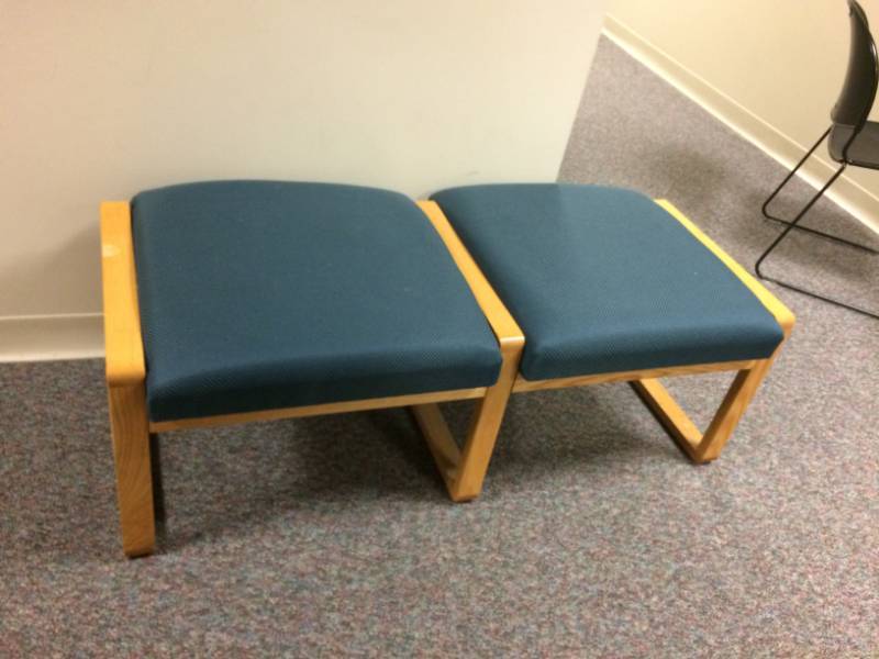 lot 56 image: MSRP $400 Lesro Bent Oak 2-Seat Waiting Room Guest Seating Bench - Excellent Condition