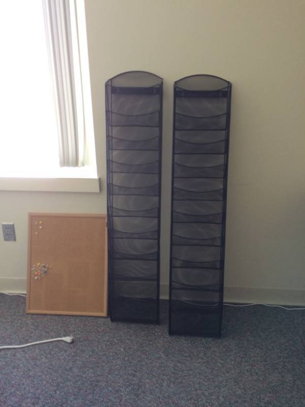 lot 33 image: 2 Metal Black Wall Mount Slotted File Sorter Organizers & Bulletin Board - Excellent Condition
