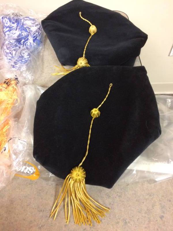 lot 125 image: Large Lot OF Graduation Tassels Including 2 New Expensive&nbspDoctoral Tams with Gold Bullion Tassels