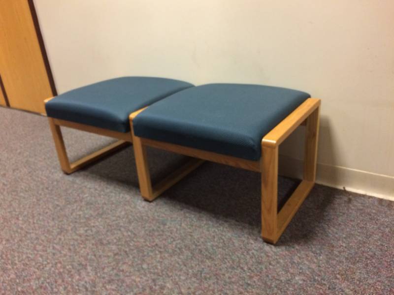 lot 55 image: MSRP $400 Lesro Bent Oak 2-Seat Waiting Room Guest Seating Bench - Excellent Condition