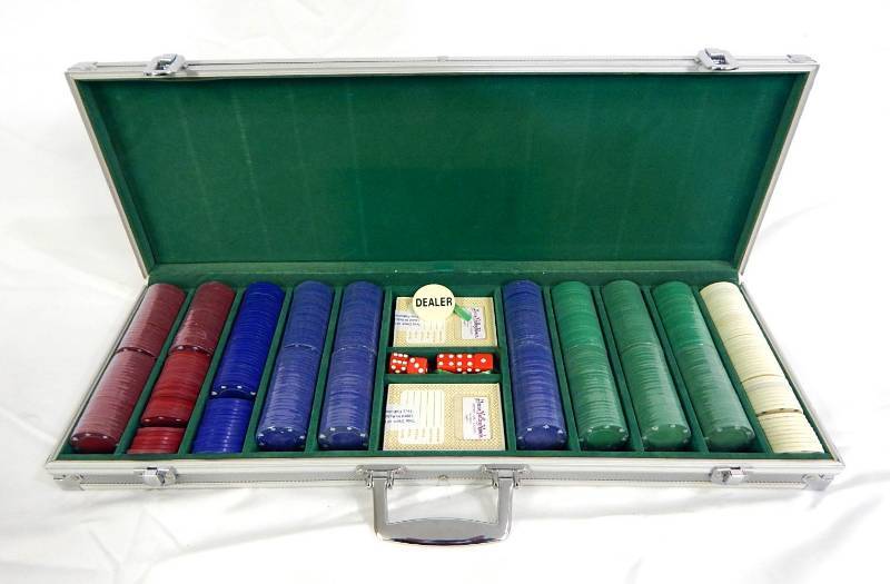lot 64 image: 500 Chip Aluminum Poker Chip Case with Playing Cards and Dice