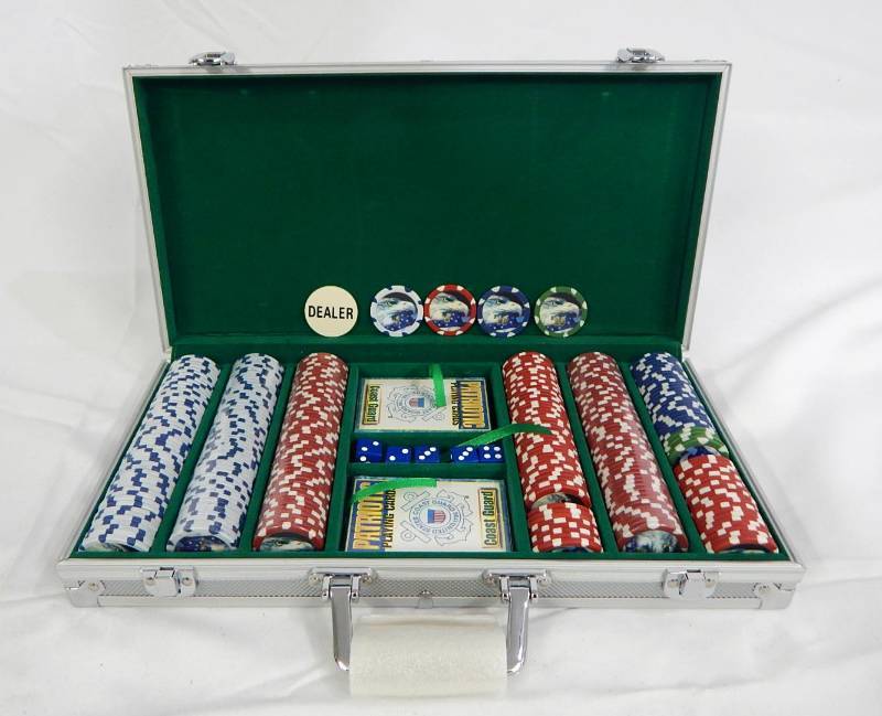 lot 66 image: 300 Chip Aluminum Poker Chip Case with Playing Cards and Dice - Multi-Denomination Patriotic Chips