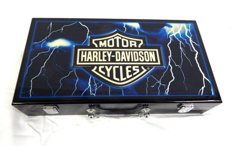 lot 86 image: Harley Davidson Chip Case with 300 Multi-Denomination Chips, Playing Cards and Dice