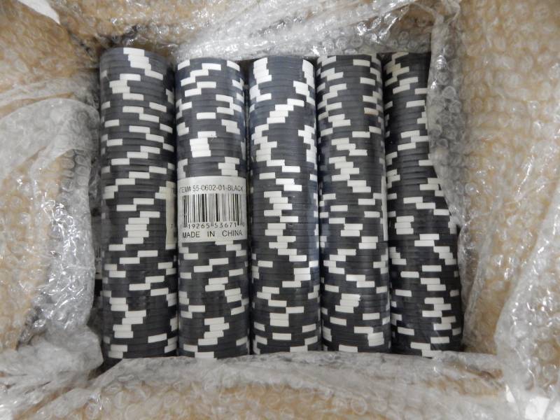 lot 114 image: Case of 900 Black with White 11.5 Gram Clay Composite Poker Chips with Card Suits Design