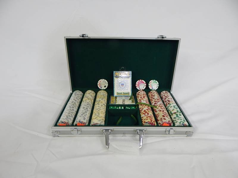 lot 94 image: 300 Chip Aluminum Poker Chip Case with Playing Cards and Dice - Multi-Denomination Chips