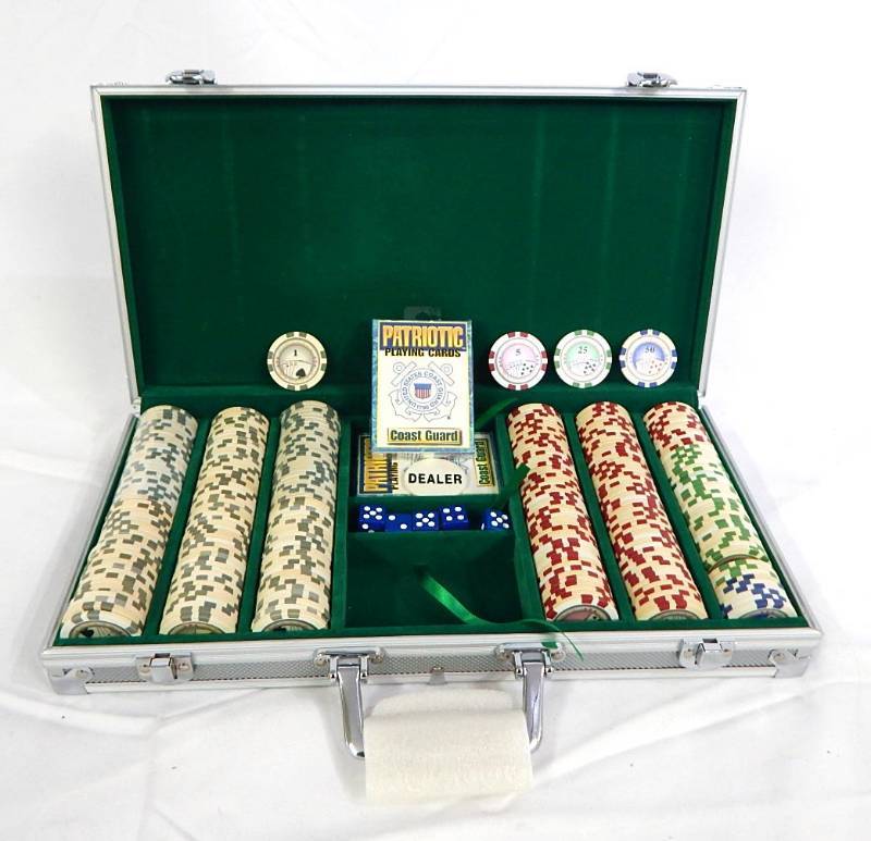 lot 96 image: 300 Chip Aluminum Poker Chip Case with Playing Cards, Dice and Multi-Denomination Chips