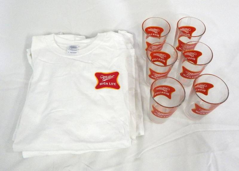 lot 118 image: Lot of Miller High Life T-Shirts and Pint Glasses
