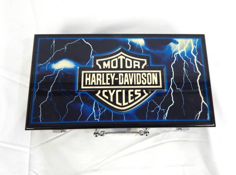 lot 55 image: Harley Davidson Chip Case with 300 Chips, Playing Cards and Dice