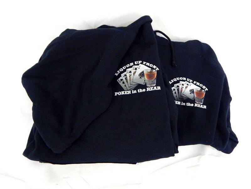 lot 119 image: Two New Mens Adult Poker Themed Black Hooded Sweatshirts