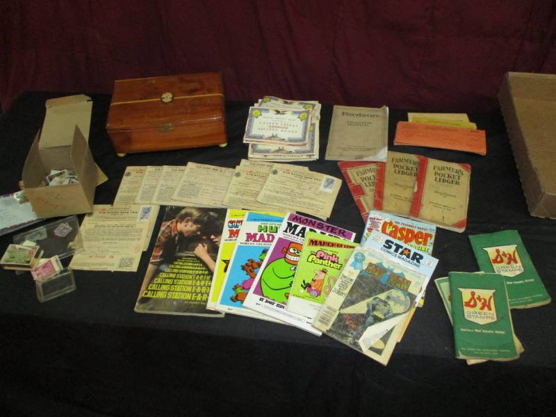 Stamps, MadLibb books, Farmers Almanac, War Ration Books, Postal Savings Bond books, Tractor manual and more