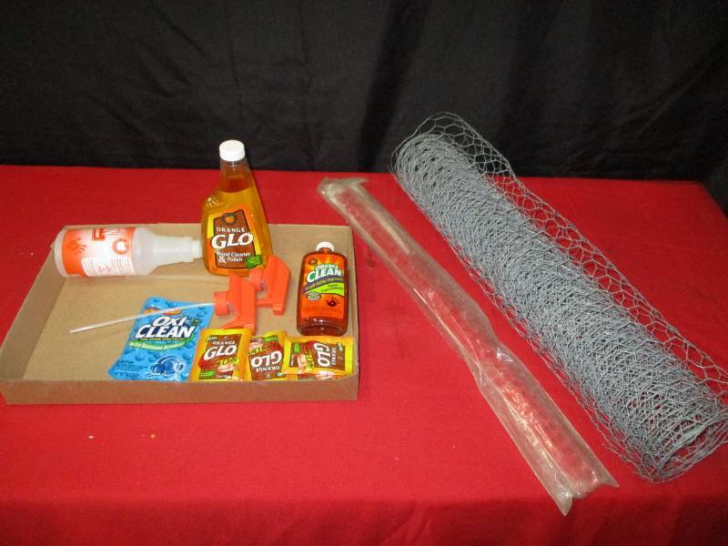Chicken wire, Glo wood polishers and cleaners, tool holder