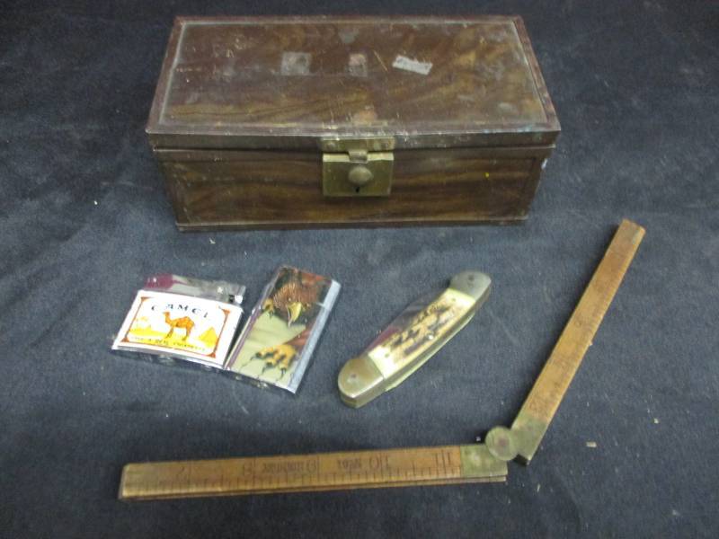 Metal Box, Camel Lighter and Eagle Lighter, Knife and Tape Measure