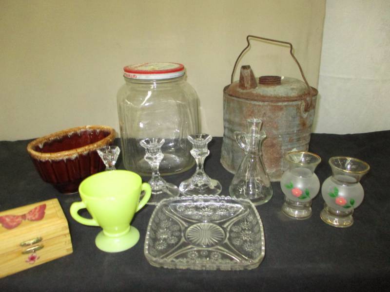 Old Jar with Lid, Gas can, glassware and box and collectibles