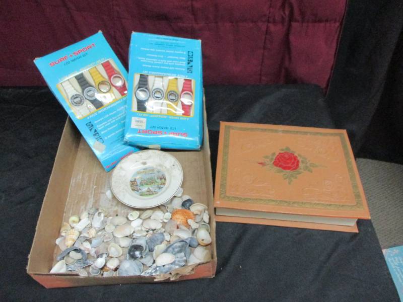 Shells, Toy watches beads and old box