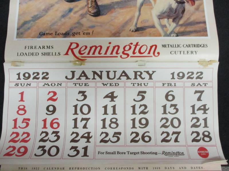 1922 Remington Calendar all the months are there corresponds date form