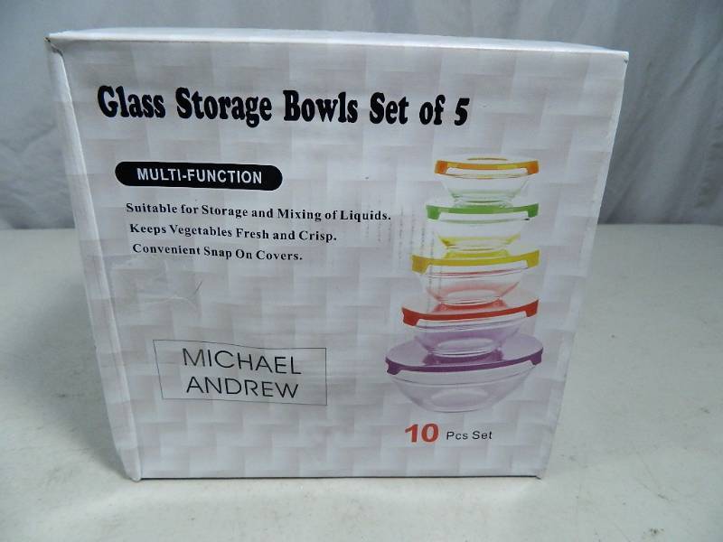 lot 55 image: New 10pc Glass Bowl Set with Colored Lids