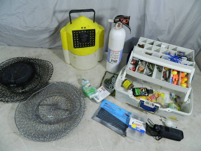 lot 106 image: Tackle Box, Fish Baskets, Minnow Bucket, Etc