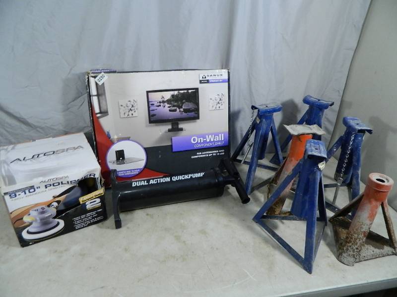 lot 111 image: Polisher, Jack Stands, Wall Shelf, Etc