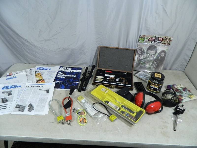 lot 118 image: Gun Cleaning Supplies, Ear Muffs, Scopes, Etc