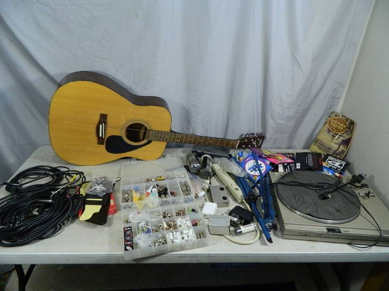 lot 130 image: Acoustic Guitar, Guitar Parts, Cords, Turntable, Etc