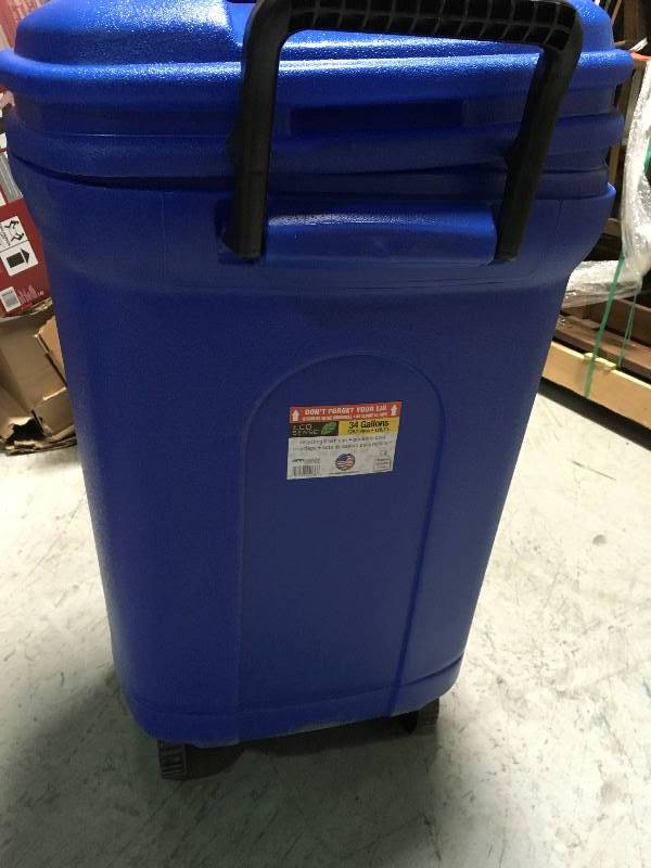 lot 2 image: United Solutions 34 Gal. Wheeled Outdoor Trash Can Recycling in Blue in like new condition