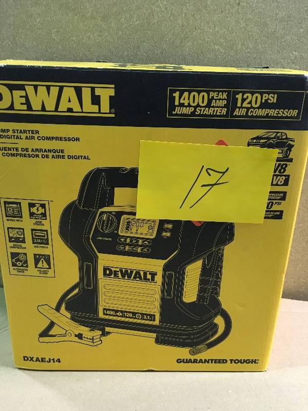 lot 17 image: DEWALT 1400 Peak Amp Jump Starter with Digital Compressor in like new condition
