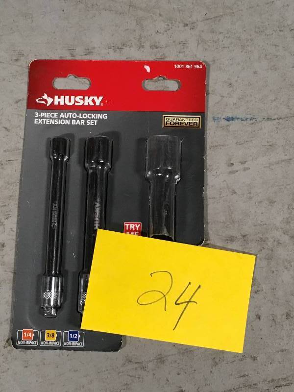 lot 24 image: Husky Auto-Locking Extension Bar Set (3-Piece) in like new condition