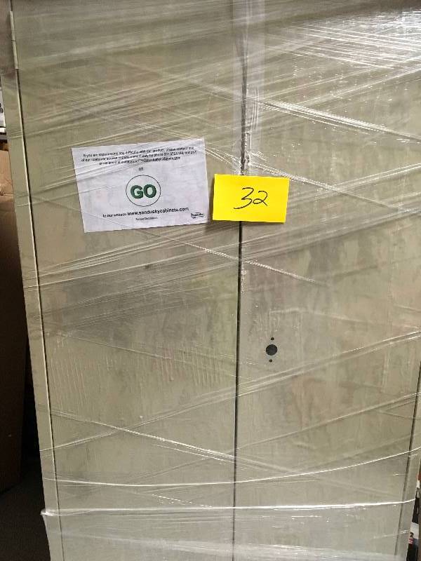 lot 32 image: Sandusky 66 in. H x 30 in. W x 15 in. D Steel Freestanding Combination Storage Cabinet in Putty in like new condition
