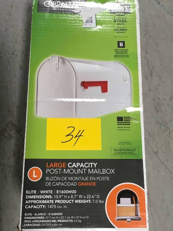 lot 34 image: Gibraltar Mailboxes Elite Large Galvanized Steel Post-Mount Mailbox in White in like new condition