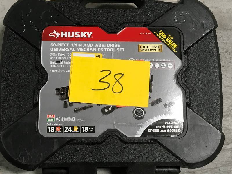 lot 38 image: Husky 38 in. Drive 100-Position Universal SAE and Metric Mechanics Tool Set (60-Piece) in like new condition