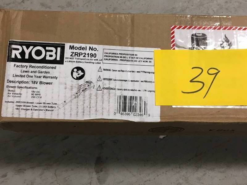 lot 39 image: RYOBI Reconditioned ONE 90 MPH 200 CFM 18-Volt Lithium-Ion Cordless Leaf Blower - 2.0 Ah Battery and Charger Included in like new condition
