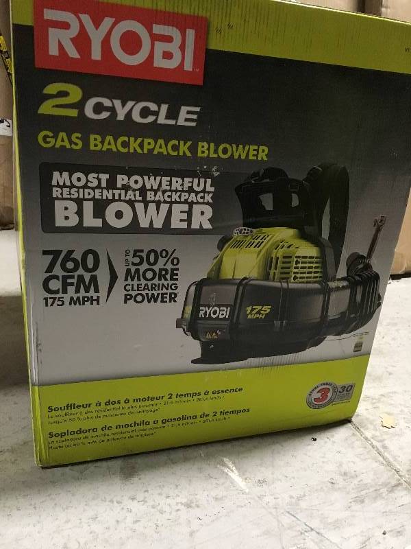 lot 42 image: RYOBI 175 MPH 760 CFM 38cc Gas Backpack Leaf Blower in like new condition