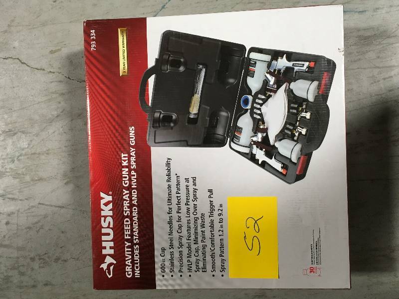 lot 52 image: Husky HVLP and Standard Gravity Feed Spray Gun Kit in like new condition