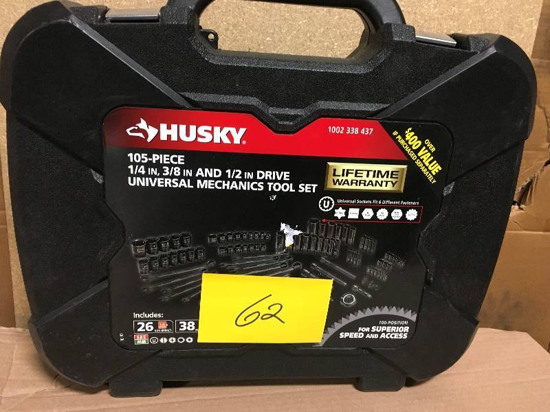 lot 62 image: Husky 14 in., 38 in. and 12 in. Drive 100-Position Universal SAE and Metric Mechanics Tool Set (105-Piece) in like new condition