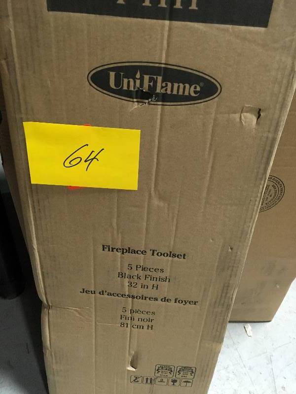lot 64 image: UniFlame Heavy Weight Black Wrought Iron 5-Piece Inline Fireplace Tool Set in like new condition
