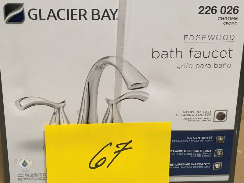 lot 67 image: Glacier Bay Edgewood 4 in. Centerset 2-Handle High-Arc Bathroom Faucet in Chrome in like new condition