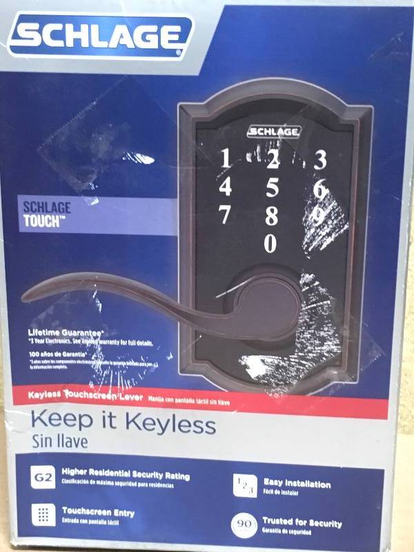lot 74 image: Schlage Camelot Aged Bronze Electronic Door Lock with Accent Door Lever in like new condition