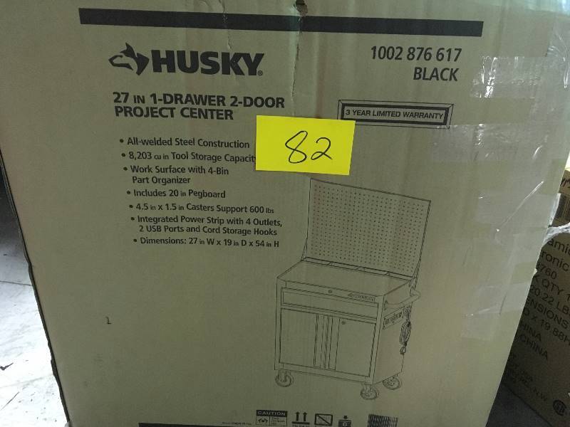 lot 82 image: Husky 27 in. W 19 in. D 1-Drawer 2-Door Rolling Tool Cabinet with Flip-Up Pegboard in Black