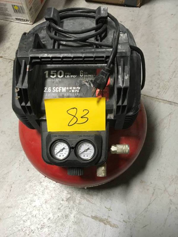 lot 83 image: Porter-Cable 6 Gal. 150 PSI Portable Electric Pancake Air Compressor USED good condition