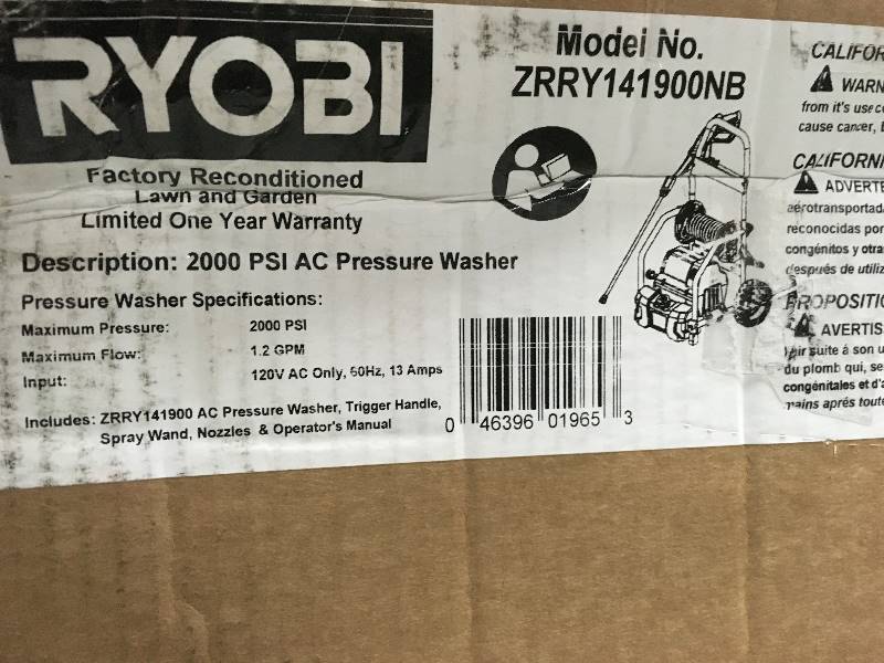 lot 90 image: RYOBI Reconditioned 2,000 PSI 1.2 GPM Electric Pressure Washer in like new condition