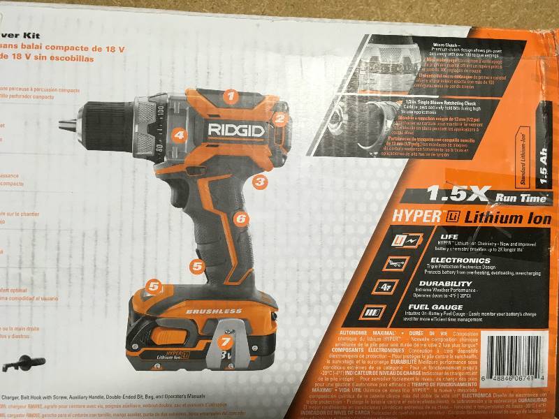 lot 94 image: RIDGID 18-Volt Lithium-Ion Cordless Brushless 12 in. Compact DrillDriver Kit with (2) 1.5 Ah Batteries, Charger, and  bag in like new condition