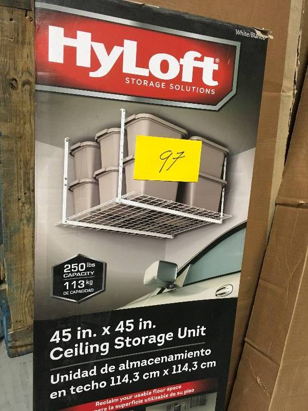 lot 97 image: HyLoft 45 in. W x 45 in. D Garage Ceiling Mount Storage Unit in White not used