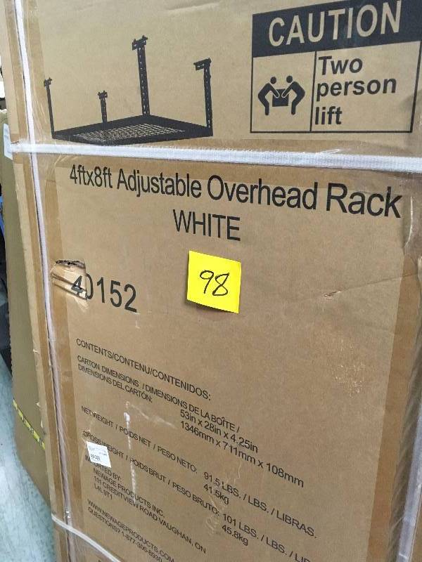 lot 98 image: NewAge Products Performance 96 in. L x 48 in. W x 42 in. H Adjustable VersaRac Ceiling Storage Rack in White QTY 2 not used